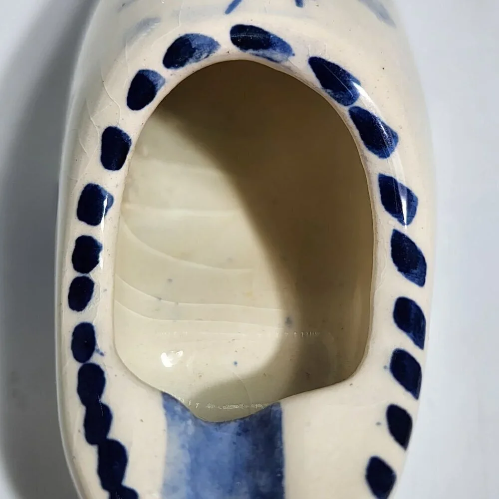 Vintage Delft Blue Cream and-Painted Ceramic Dutch Clog Shoe Figurine